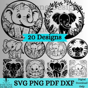 May include: Twenty black and white digital designs featuring cute elephant illustrations in various poses. The designs are set against a background of tropical leaves and flowers. The text "20 Designs" is displayed in a blue banner.