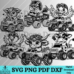 May include: Five black and white digital cut files of cute animals driving monster trucks. The animals include a pig, a horse, a duck, a cow, and a chick. Each animal is wearing goggles and driving a monster truck with flames on the side. The text "SVG PNG PDF DXF" is at the bottom of the image.