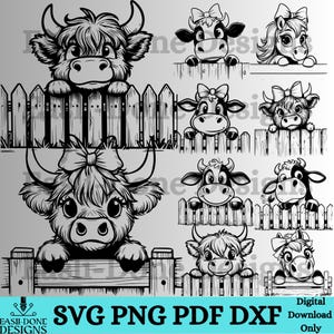 May include: Black and white digital illustrations of cartoon cows and bulls peeking over a wooden fence. Some have bows. The image includes the text "SVG PNG PDF DXF" and "Digital Download Only".