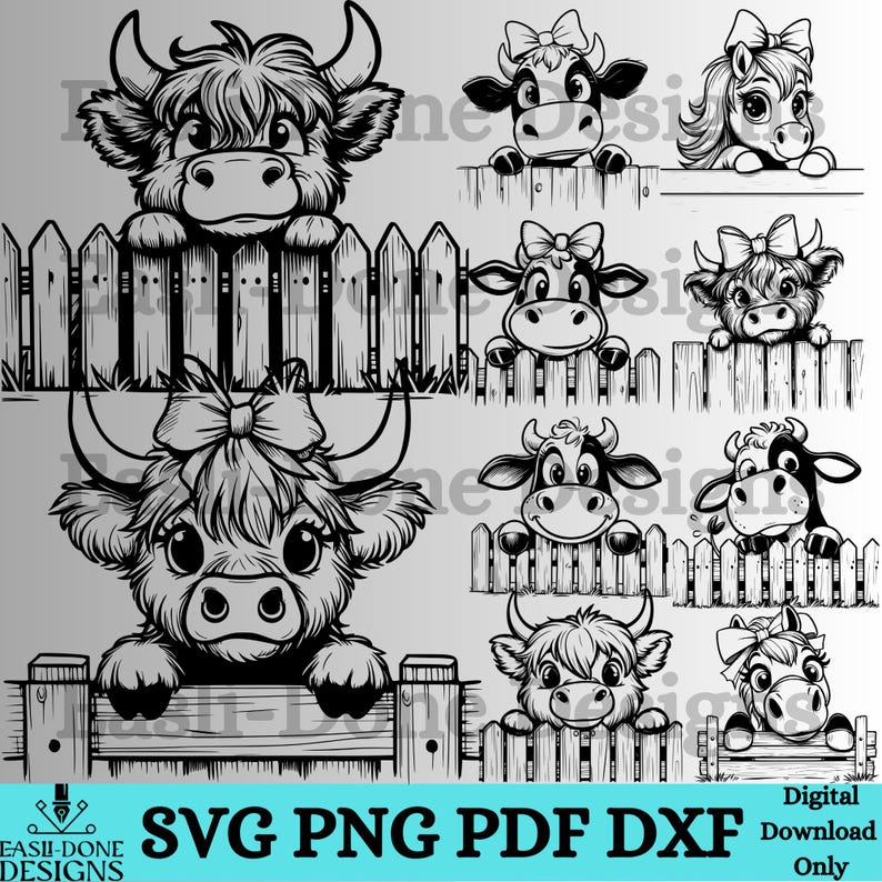 May include: Black and white digital illustrations of cartoon cows and bulls peeking over a wooden fence. Some have bows. The image includes the text "SVG PNG PDF DXF" and "Digital Download Only".