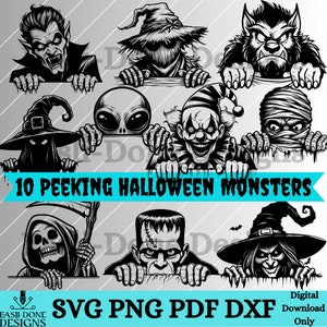 Personagens assustadores de Halloween descrevem pacote de arquivos digitais SVG PNG pdf dxf Arquivos laser e corte vetor clip art sublimação de Halloween