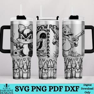 May include: Three stainless steel tumblers with black handles and lids. Each tumbler features a cartoon character holding a gun. The text "PEW PEW MADAFAKAS" is on one tumbler. The bottom of each tumbler has a row of cartoon bullets. The bottom of the image has the text "SVG PNG PDF DXF".