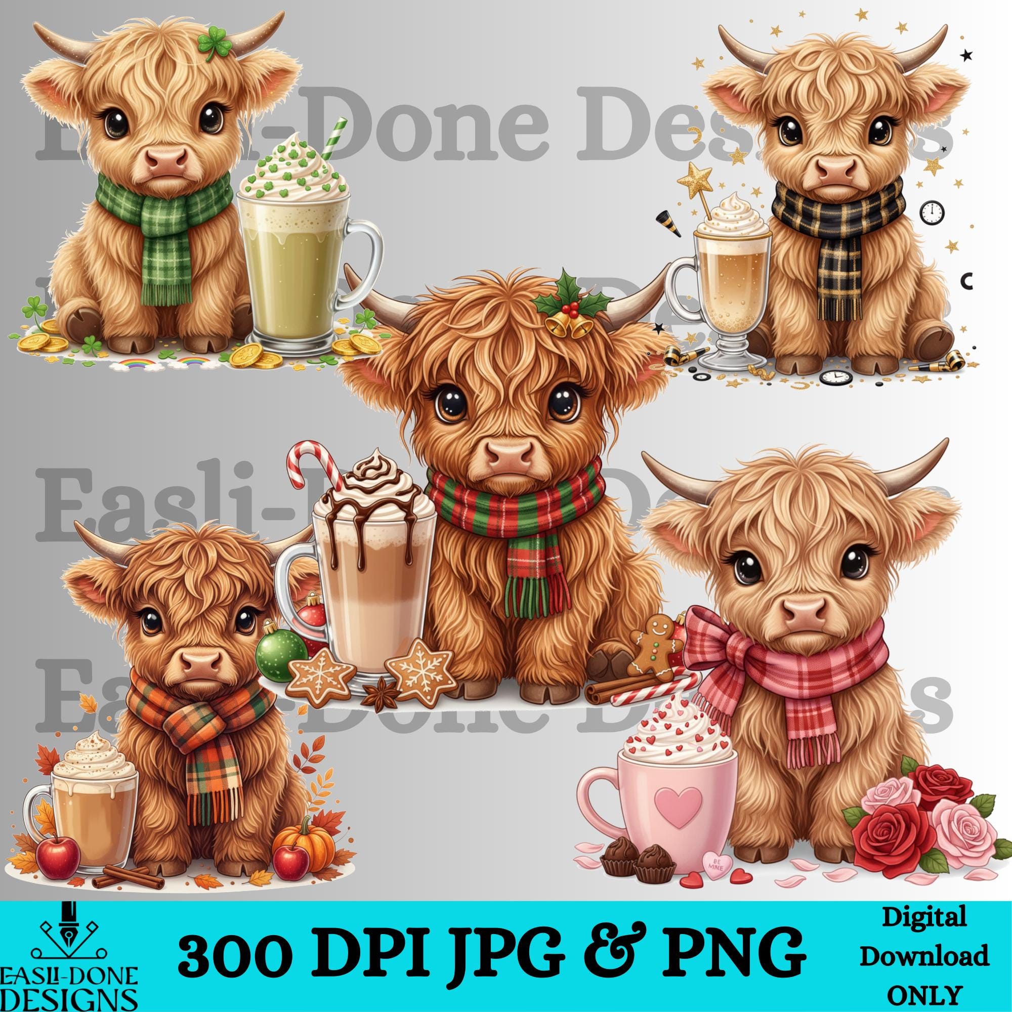 Seasonal Highland Cow PNG Bundle | Holiday Farmhouse Cow Clipart ...