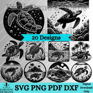 Puede incluir: Un conjunto de 20 diseños digitales en blanco y negro con varias ilustraciones de tortugas marinas. Los diseños incluyen tortugas nadando, tortugas con palmeras y tortugas en una variedad de poses. El texto "20 Designs" se muestra en una pancarta en la parte superior de la imagen. El texto "SVG PNG PDF DXF" se muestra en la parte inferior de la imagen.