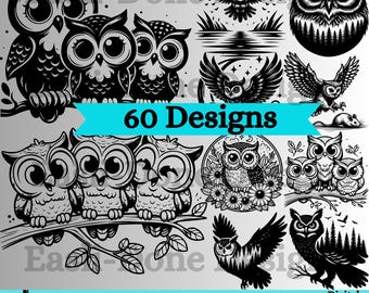 Owl SVG Bundle, Owl Silhouette SVG PNG pdf and dxf Files Instant Download, cute kawaii Owl clipart, round and Square svg laser cut files