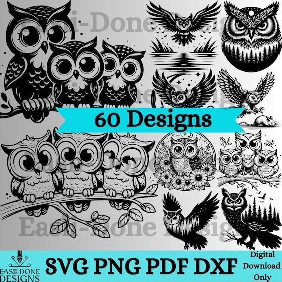 Owl SVG Bundle, Owl Silhouette SVG PNG pdf and dxf Files Instant Download, cute kawaii Owl clipart, round and Square svg laser cut files