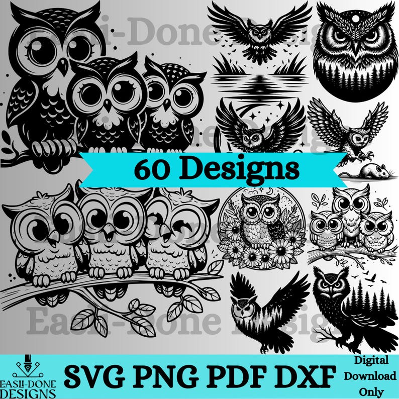K&ouml;nnte beinhalten: Ein Set mit 60 schwarzen und wei&szlig;en Eulen-Designs. Die Designs zeigen Eulen in verschiedenen Posen, darunter fliegend, sitzend und schlafend. Die Designs sind perfekt f&uuml;r Basteln, Scrapbooking und andere kreative Projekte.