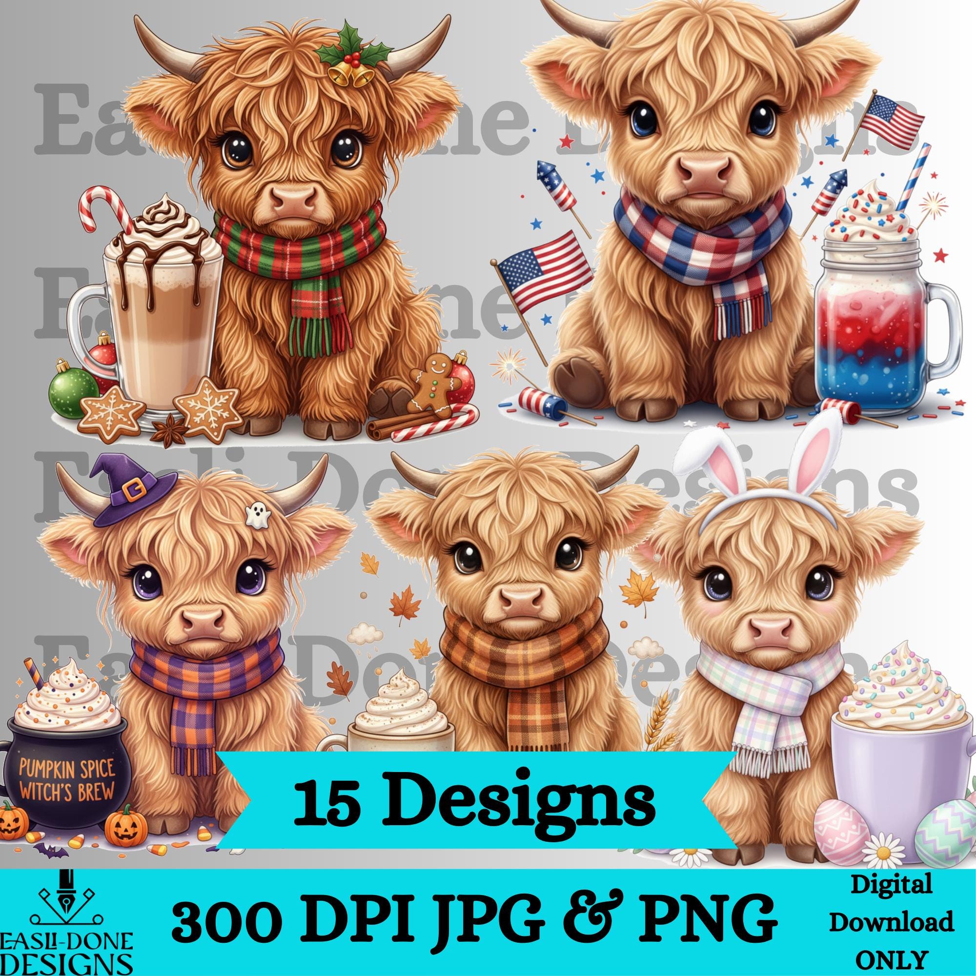 Seasonal Highland Cow PNG Bundle | Holiday Farmhouse Cow Clipart ...
