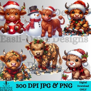 Christmas Highland Cow Clipart: Festive Farm Animal PNG JPG (Digital Download)