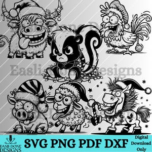 Crazy Grumpy Farm Animal Christmas Outline Bundle SVG PNG pdf and dxf Files laser and cut digital download Vector clipart sublimation DTF