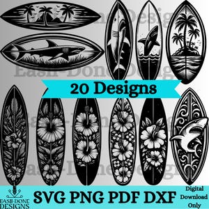 Könnte beinhalten: Zwanzig schwarz-weiße Surfboard-Designs mit verschiedenen Themen, darunter tropische Blätter, Blumen und Haie. Die Designs sind mit "20 Designs" und "SVG PNG PDF DXF Digitaler Download nur" gekennzeichnet.