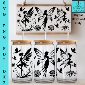Papillon et fée en verre peut fichiers SVG et PNG, roses mystiques 16 oz Libbey Glass peut gobelet wrap fichier coupé, fichiers svg png pdf dxf verrerie