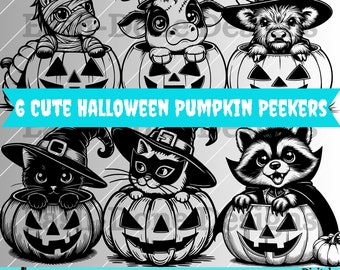 Może przedstawiać: Sześć czarno-białych ilustracji uroczych zwierząt zaglądających z dyni w kształcie jack-o'-lantern. Zwierzęta to krowa, szop, kot, kot w masce, koń i pies. Tekst "6 CUTE HALLOWEEN PUMPKIN PEEKERS" znajduje się w górnej części obrazu. Tekst "SVG PNG PDF DXF Pobierz tylko cyfrowo" znajduje się w dolnej części obrazu.