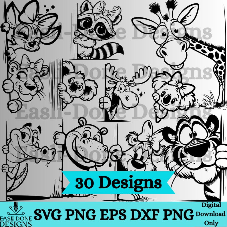 May include: Black and white cartoon animal designs, including a lion, raccoon, giraffe, and tiger. The image includes the text "30 Designs" and file type options: SVG, PNG, EPS, and DXF.