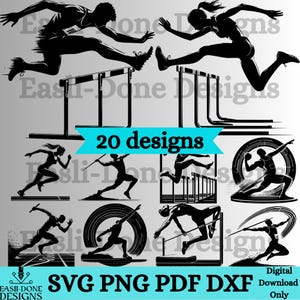 Op de afbeelding: Een set van 20 zwart-witte silhouetontwerpen met atleten in verschillende sporten, waaronder hardlopen, hordenlopen, speerwerpen, discuswerpen en hoogspringen. De ontwerpen zijn perfect voor het maken van aangepaste ambachten, kleding en meer.