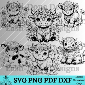 May include: A set of five black and white digital illustrations of Highland cattle with floral accents. The cows are in various poses, including standing, sitting, and lying down. The flowers are in a variety of styles, including tulips, roses, and daisies.