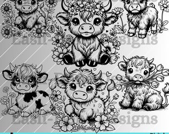 May include: A set of five black and white digital illustrations of Highland cows with floral accents. The cows are in various poses, including standing, sitting, and lying down. The flowers are in a variety of styles, including tulips, roses, and daisies.