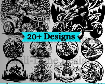 May include: A set of 20+ digital designs featuring black and white illustrations of ATVs in various settings. The designs include mountains, trees, and other outdoor elements. The text "20+ Designs" is displayed in a banner across the middle of the image.