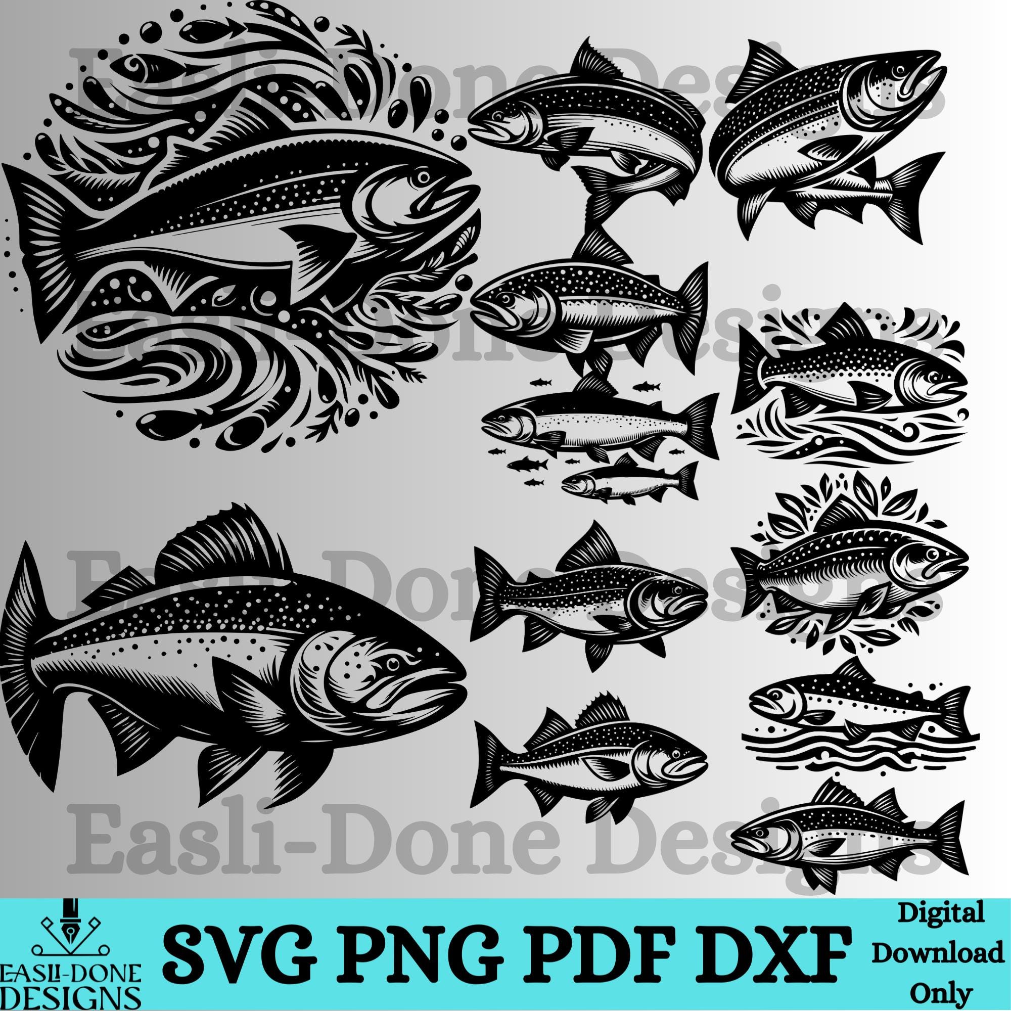 Lake Fish SVG Bundle: Bass, Trout, Muskie Silhouettes (digital Download ...