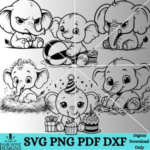 Baby Elefant SVG PNG Dateien Instant Download, süße Kawaii Baby Elefant Clipart, Cutter und Laser-Schnitt-Dateien Lustiges Tier svg