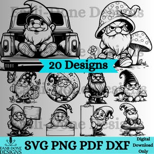 May include: A set of 20 digital designs featuring gnomes in various poses and settings. The designs include gnomes with beards, hats, and holding signs. The text "20 Designs" is displayed in a blue banner. The text "SVG PNG PDF DXF Digital Download Only" is displayed at the bottom of the image.