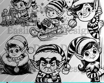 Elf Christmas Outline Bundle SVG PNG pdf and dxf Files laser and cut digital download Vector clipart sublimation Funny peeking elf svg png
