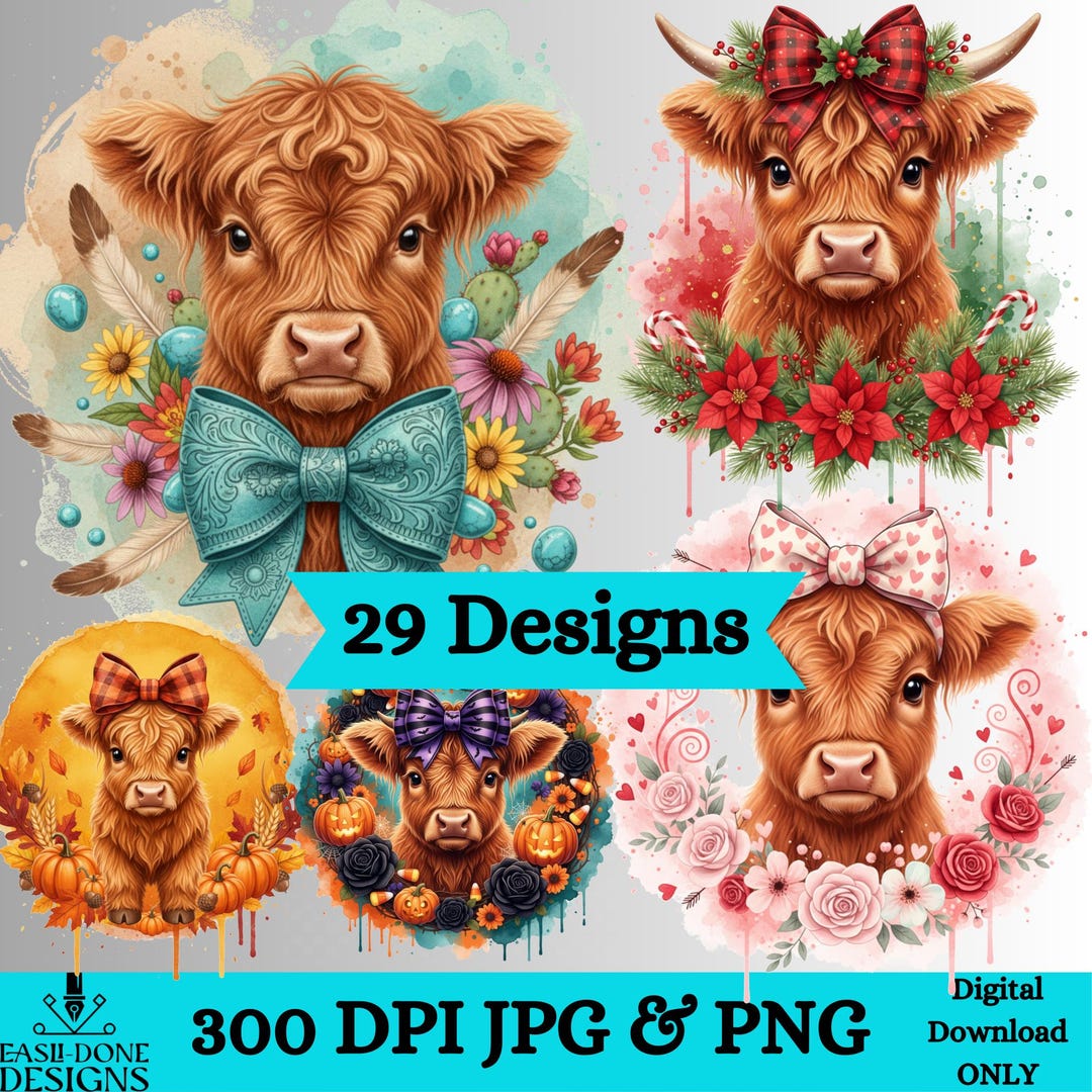 Seasonal Cow and Highland Cow PNG Bundle | Holiday Farmhouse Cow ...