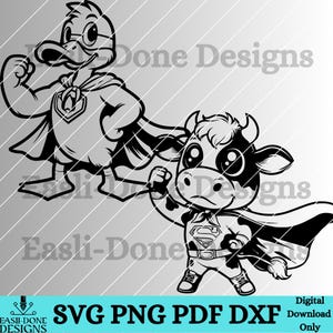 May include: Black and white digital illustration of a duck and a cow dressed as superheroes. The duck is wearing a red cape and the cow is wearing a blue cape with a Superman logo. Both animals are wearing red boots and have a determined expression on their faces.