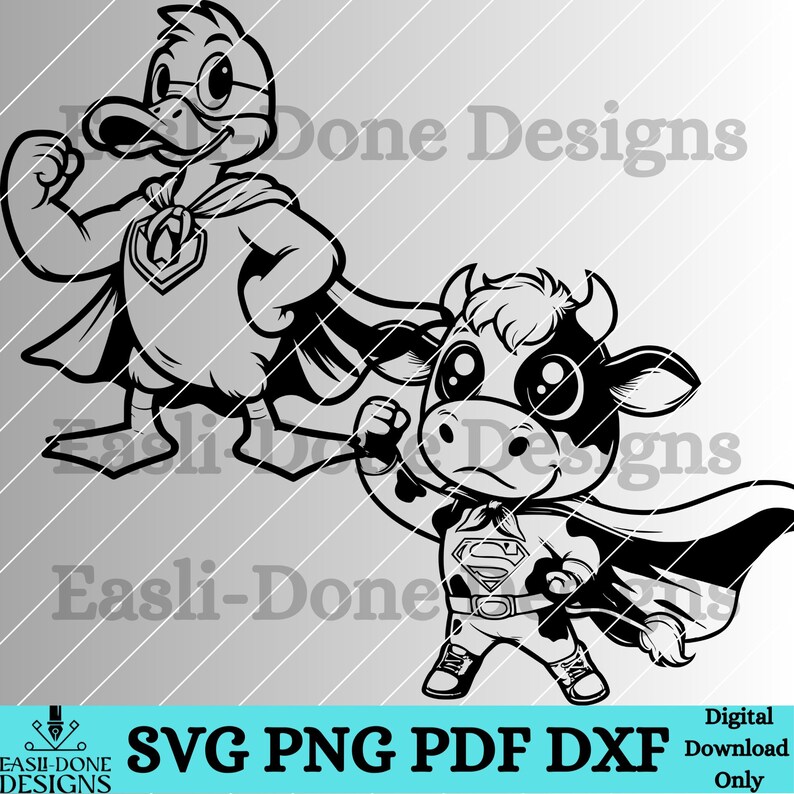 May include: Black and white digital illustration of a duck and a cow dressed as superheroes. The duck is wearing a red cape and the cow is wearing a blue cape with a Superman logo. Both animals are wearing red boots and have a determined expression on their faces.
