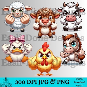 Dedo medio png, diseño DTF de sublimación de animales de granja PNG y JPG 6 Paquete de imágenes prediseñadas digitales de animales de granja gruñones y divertidos