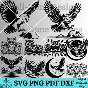 K&ouml;nnte beinhalten: Ein digitaler Download von 10 SVG-, PNG-, PDF- und DXF-Dateien mit Schwarzwei&szlig;-Illustrationen von Eulen. Die Illustrationen zeigen Eulen in verschiedenen Posen, Eulen mit Monden und Eulen mit anderen Tieren. Der Text "SVG PNG PDF DXF Digitaler Download nur" befindet sich am unteren Rand des Bildes.