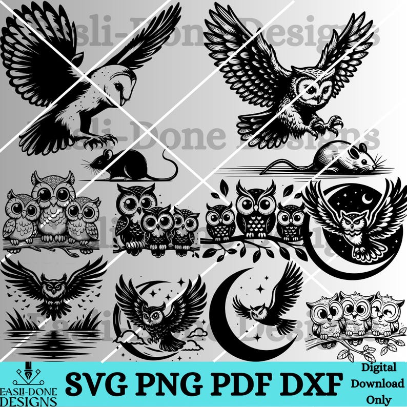 K&ouml;nnte beinhalten: Ein digitaler Download von 10 SVG-, PNG-, PDF- und DXF-Dateien mit Schwarzwei&szlig;-Illustrationen von Eulen. Die Illustrationen zeigen Eulen in verschiedenen Posen, Eulen mit Monden und Eulen mit anderen Tieren. Der Text "SVG PNG PDF DXF Digitaler Download nur" befindet sich am unteren Rand des Bildes.