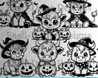 Clipart di Halloween di mucca delle Highlands: pacchetto SVG di animali da fattoria (download digitale)