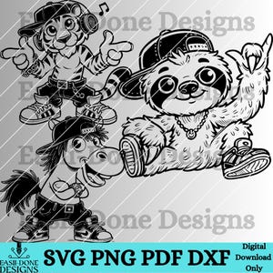 K&ouml;nnte beinhalten: Schwarz-wei&szlig;e digitale Illustration von drei Comic-Tieren, die H&uuml;te und Sonnenbrillen tragen. Ein Tiger, ein Faultier und ein Pferd tragen alle Streetwear-Kleidung und Accessoires.