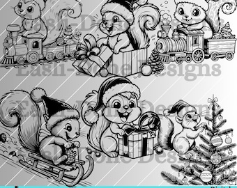 May include: Five black and white illustrations of squirrels wearing Santa hats. The squirrels are depicted in various activities, including riding a train, holding a gift, riding a sledge, and decorating a Christmas tree.