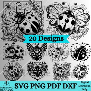 May include: Twenty black and white ladybug designs featuring various floral and heart accents. The designs include ladybugs with wings, ladybugs with hearts, and ladybugs with flowers. The text "20 Designs" is in the centre of the image.
