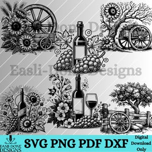May include: Black and white illustration of two wine bottles with grapes and vines. The bottles are surrounded by floral designs and a wagon wheel. The image includes the text "Easli-Done Designs".
