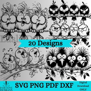 Funny Birds Outline & Silhouette svg Bundle, Birds on a wire svg, singing birds on a branch clipart, cutter and laser cut file SVG PNG dxf
