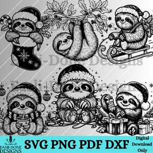 Sloth Christmas Outline Bundle SVG PNG pdf and dxf Files laser and cut file digital download Sloth Vector clipart Festive Sloth Christmas