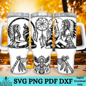 May include: Three white tumblers with a black and white design featuring a Native American woman with a wolf, a dreamcatcher, and a tomahawk. The tumblers have a black and white design and are ready to be customized.