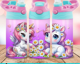 Floral Unicorn Tumbler Wrap: Cartoon Unicorns and daisy's, girls 12oz Kids Sippy Cup Sublimation (PNG JPG)