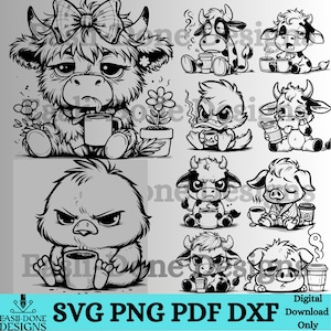 May include: A collection of black and white digital illustrations featuring cartoon animals, such as a cow, duck, and pig, all with grumpy expressions and holding coffee cups. The image includes the text "SVG PNG PDF DXF" and "Digital Download Only."