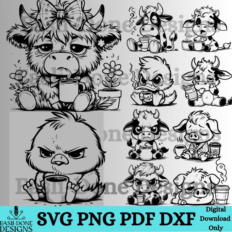 May include: A collection of black and white digital illustrations featuring cartoon animals, such as a cow, duck, and pig, all with grumpy expressions and holding coffee cups. The image includes the text "SVG PNG PDF DXF" and "Digital Download Only."