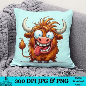 May include: A digital illustration of a cartoon brown and white shaggy haired bull with a big toothy grin and tongue sticking out. The bull is on a light blue background.