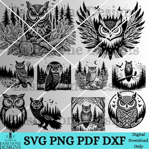 K&ouml;nnte beinhalten: Ein Set mit zehn digitalen Downloads mit Schwarzwei&szlig;-Illustrationen von Eulen in verschiedenen Posen. Die Eulen sind von B&auml;umen und anderen Waldelementen umgeben. Der Text "SVG PNG PDF DXF" und "Nur digitaler Download" ist im Bild enthalten.