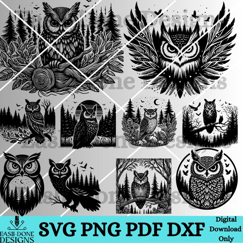 K&ouml;nnte beinhalten: Ein Set mit zehn digitalen Downloads mit Schwarzwei&szlig;-Illustrationen von Eulen in verschiedenen Posen. Die Eulen sind von B&auml;umen und anderen Waldelementen umgeben. Der Text "SVG PNG PDF DXF" und "Nur digitaler Download" ist im Bild enthalten.