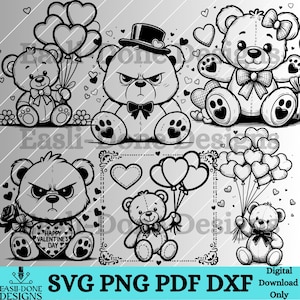 Teddy Bear Valentine Outline Bundle SVG PNG pdf and dxf laser and cut file Teddy Bear Vector clipart sublimation love bear hearts svg png
