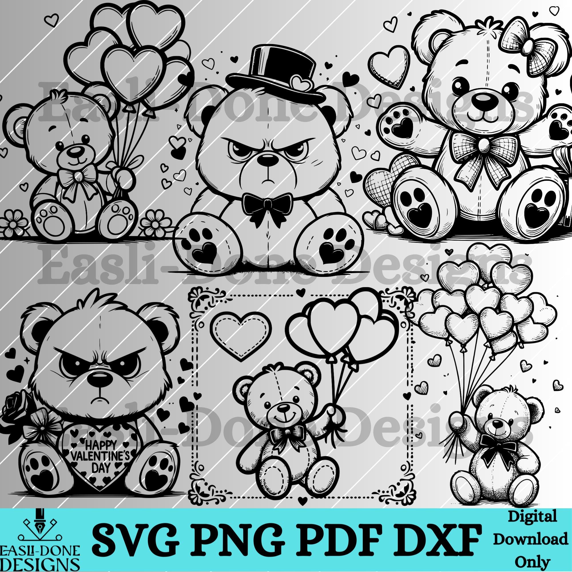 Teddy Bear Valentine Outline Bundle SVG PNG pdf and dxf laser and cut file Teddy Bear Vector clipart sublimation love bear hearts svg png