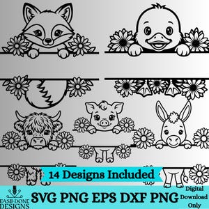 May include: Black and white digital designs featuring a fox, duckling, pig, donkey, and cow, each framed by daisies. The designs include a fox tail and duck feet. The text reads "14 Designs Included" and "SVG PNG EPS DXF PNG".