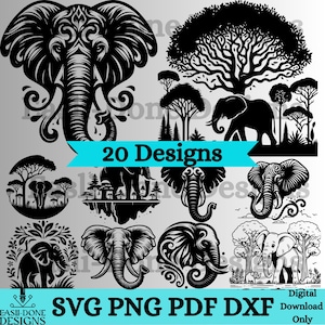May include: A set of 20 black and white digital designs featuring elephants in various poses and styles. The designs include elephants with floral patterns, elephants with trees, and elephants with simple outlines. The text "20 Designs" is displayed in a blue banner.